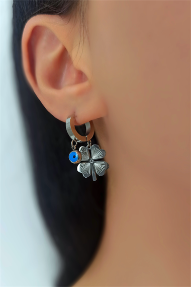 Çelik Nazar Boncuklu Yonca Halka Küpe TrKüpe34505