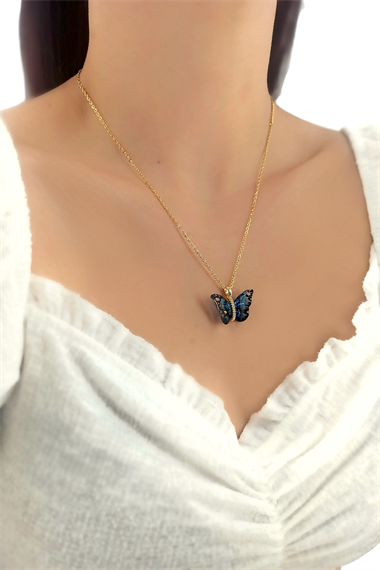 Çelik Renkli Simli Kelebek Kolye