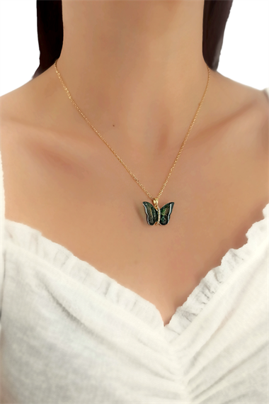 Çelik Renkli Simli Kelebek Kolye