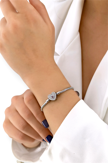 Çelik Taşlı Kalp Kelepçe Bileklik 