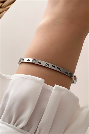 Çelik Taşlı Roma Rakamlı İnce Kelepçe Çelik Bileklik TrBilek7817 B38003