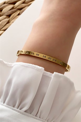 Çelik Taşlı Roma Rakamlı İnce Kelepçe Çelik Bileklik TrBilek7817 B38003