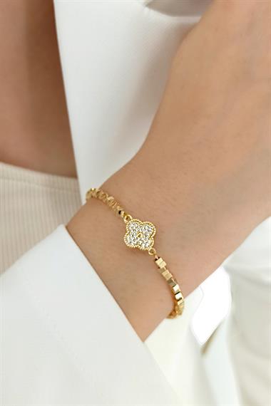 Çelik Taşlı Yonca Küp Zincir Bileklik