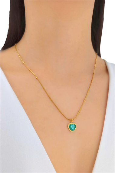 Çelik Yeşil Kalp Taş Minik Topcuk Kolye