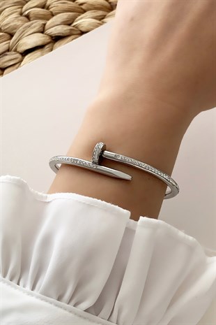 Çelik Zirkon Taşlı Çivi Kelepçe Çelik Bileklik TrBilek7662 B39003