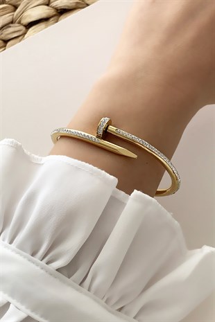 Çelik Zirkon Taşlı Çivi Kelepçe Çelik Bileklik TrBilek7662 B39003