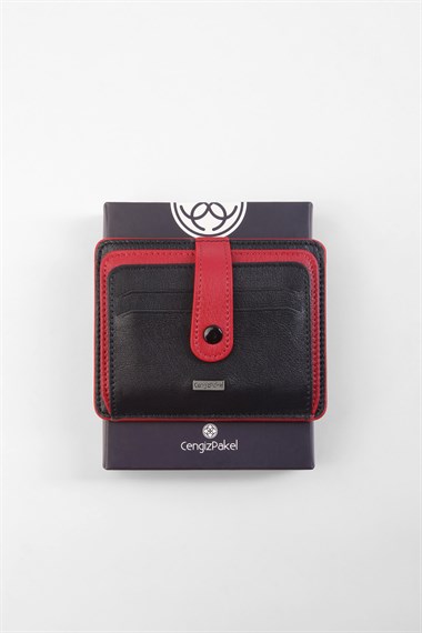 Cengiz Pakel Hakiki Deri Siyah-Kırmızı Unisex Kartlık 2453T