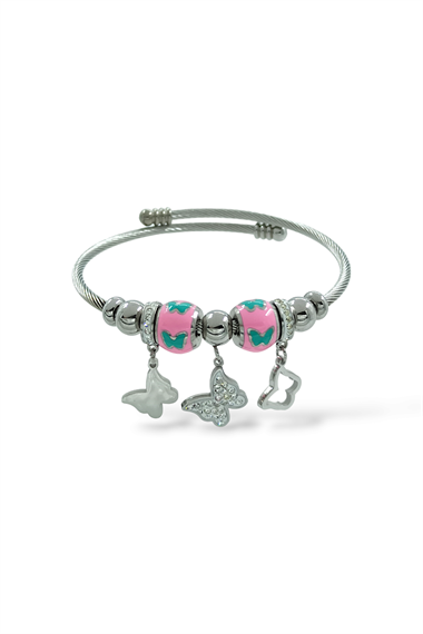 Charmlı Çelik Renkli Kelebek Kelepçe Bileklik