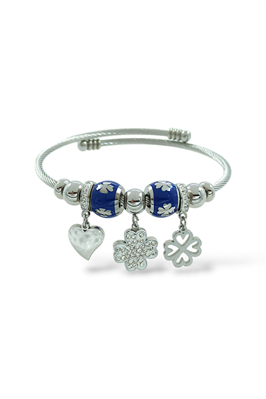 Charmlı Çelik Taşlı Kalp Kelepçe Bileklik