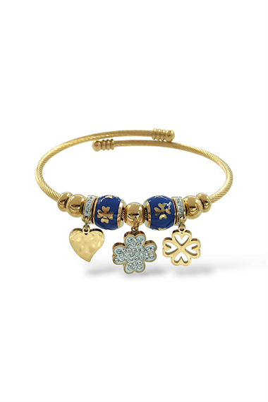 Charmlı Çelik Taşlı Kalp Kelepçe Bileklik