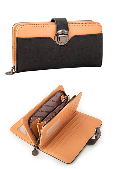 Cüzdan 20+2 Kredi Kart Bölme Fermuarlı Gofraj Baskılı Büyük Siyah-Camel Trcüzdan010