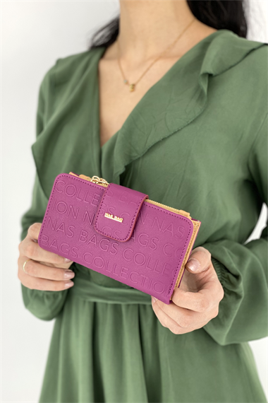 Gofraj Baskılı 6+1 Kredi Kart Bölmeli Çıtçıt Kapama Cüzdan TRCÜZDAN002-13 Mürdüm