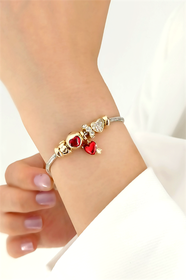 Pandora Model Bileklik Kırmızı Taşlı Kalp Bileklik