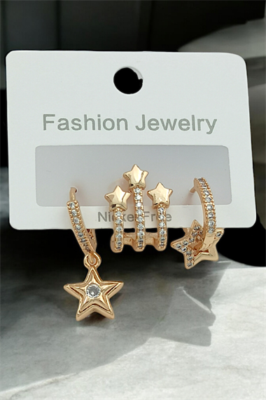 Premium 3lü Plaka Yıldız Küpe Kombin 35619