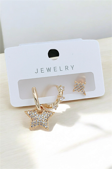 Premium 3lü Taşlı Bombeli Kuzey Yıldız Küpe Kombin 35615