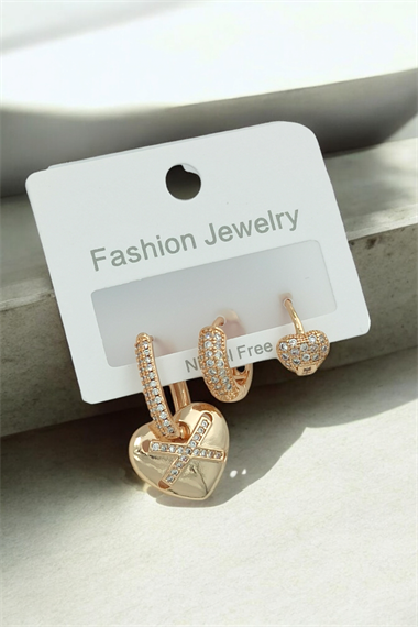 Premium 3lü Taşlı Kalp Küpe Kombin 35617