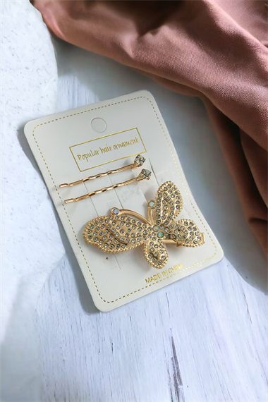 Premium 3lü Zirkon Taş Kelebek Mandal Toka 