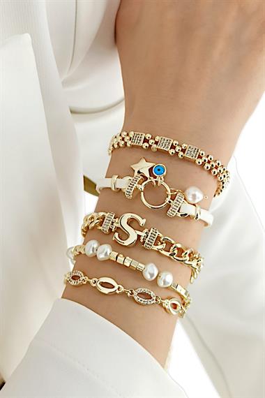 Premium 5li Deri Plaka Yıldız Harf Bileklik Kombin (Harf Seçilebilir)