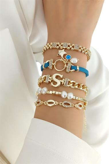 Premium 5li Deri Plaka Yıldız Harf Bileklik Kombin (Harf Seçilebilir)