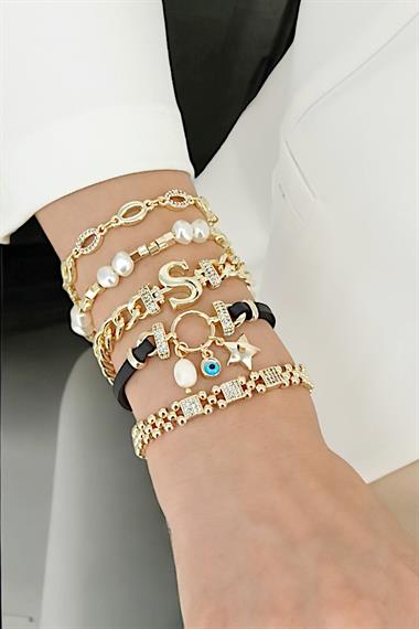 Premium 5li Deri Plaka Yıldız Harf Bileklik Kombin (Harf Seçilebilir)