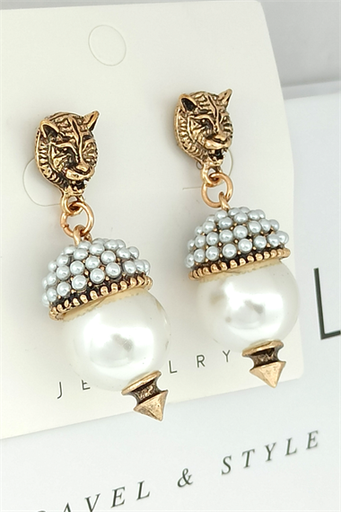 Premium Aslan Detaylı Taşlı İncili Küpe