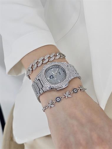Premium Full Taşlı Saat Asansörlü Bileklik Saat Kombin