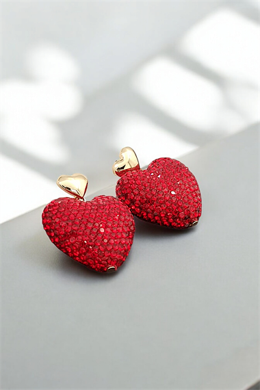 Premium Kalp Küpe Full Taşlı Plaka Bombeli Kalp Küpe