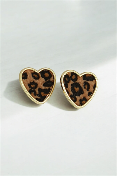 Premium Leopar Desenli Altın Çerçeveli Kalp Küpe