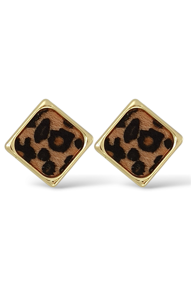 Premium Leopar Desenli Altın Çerçeveli Kare Küpe