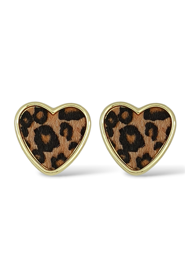 Premium Leopar Desenli Altın Çerçeveli Kalp Küpe