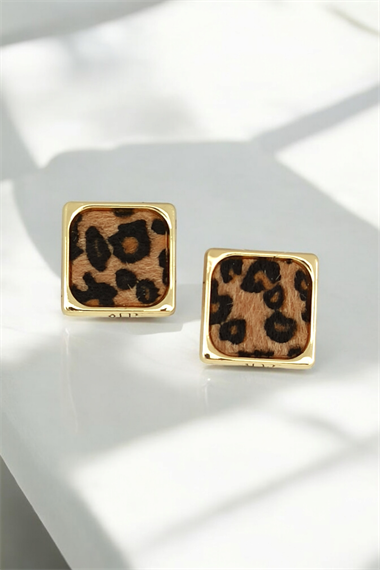 Premium Leopar Desenli Altın Çerçeveli Kare Küpe