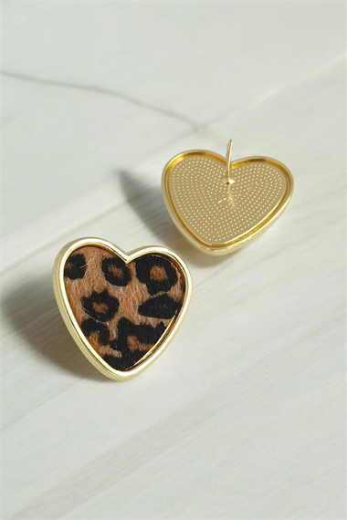 Premium Leopar Desenli Altın Çerçeveli Kalp Küpe