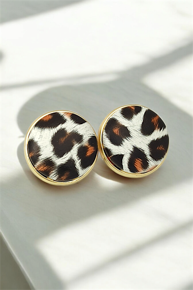 Premium Leopar Desenli Bombeli Yuvarlak Küpe