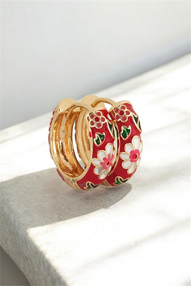 Premium Renkli Çiçek Desen Halka Küpe