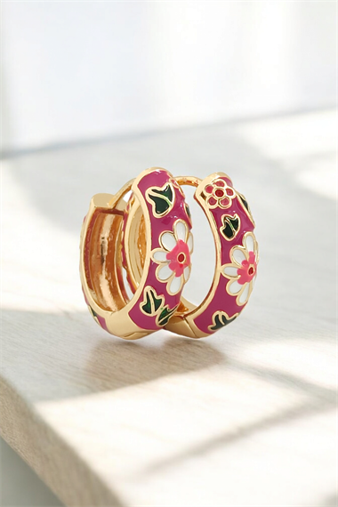 Premium Renkli Çiçek Desen Halka Küpe