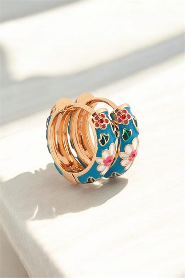 Premium Renkli Çiçek Desen Halka Küpe