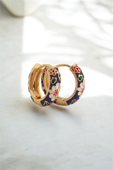 Premium Renkli Çiçek Desen Halka Küpe