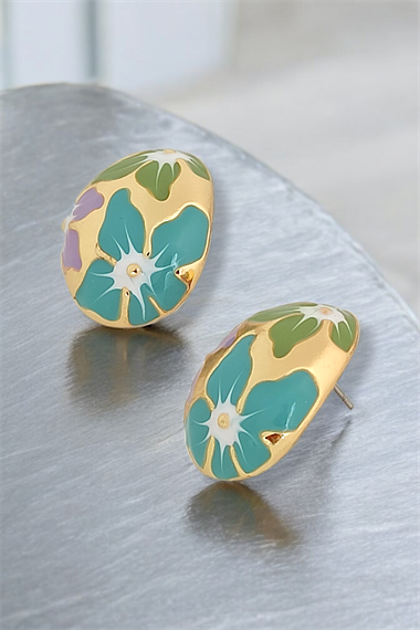 Premium Renkli Mineli Çiçek Plaka Küpe