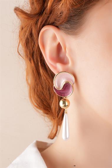 Premium Renkli Plaka Topcuk İnci Detay Küpe 35587