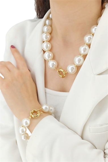 Premium Seri Büyük İncili Önden Kilit Kolye-Bileklik Set