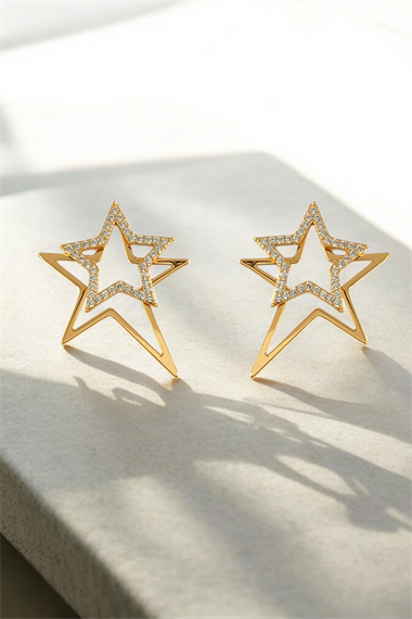 Premium Taşlı Üç Boyut Yıldız Küpe