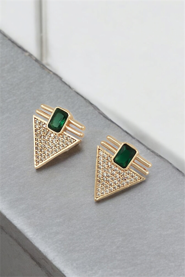 Premium Zümrüt Taş Detaylı Üçgen Küpe