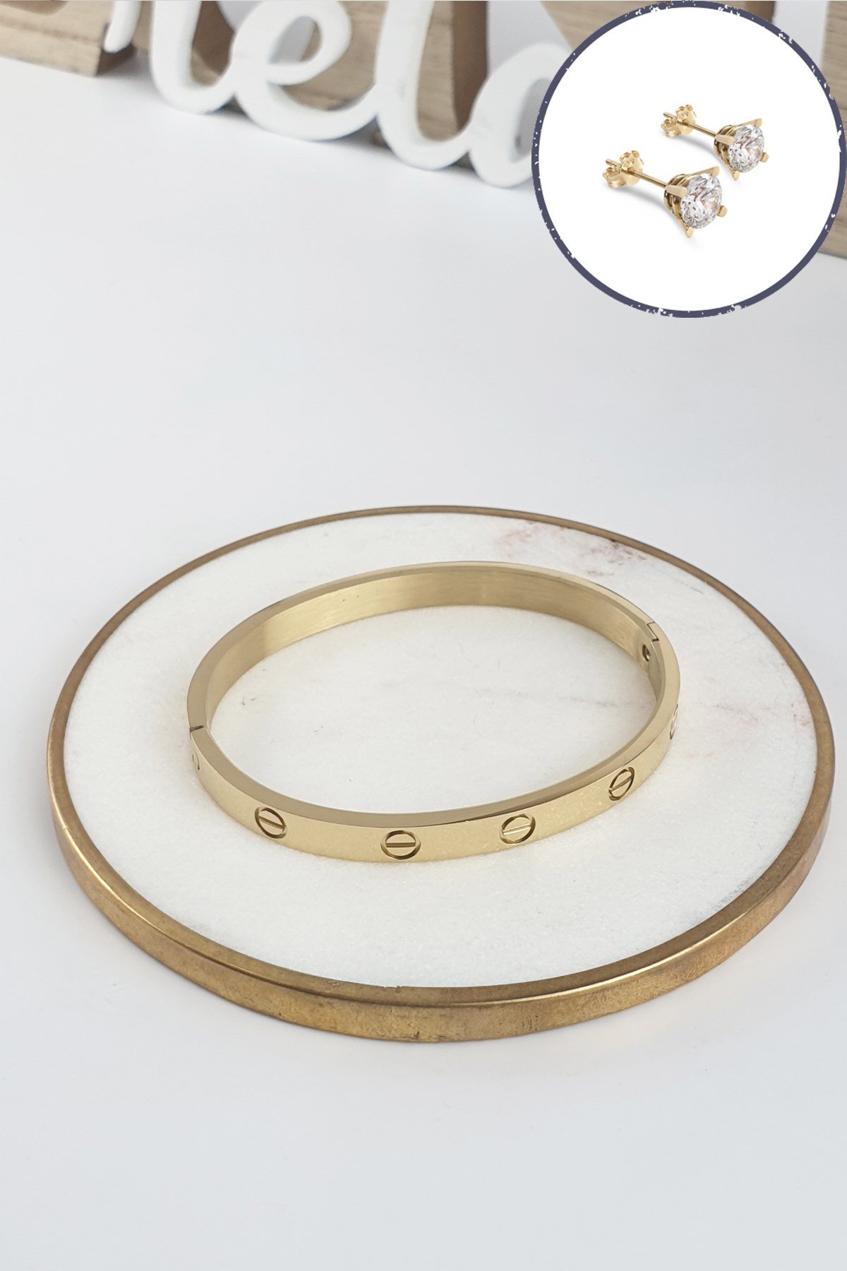 %100 Çelik Düz Kelepçe Bileklik (316 Steel) Zirkon Taşlı Küpe Hediyeli B500