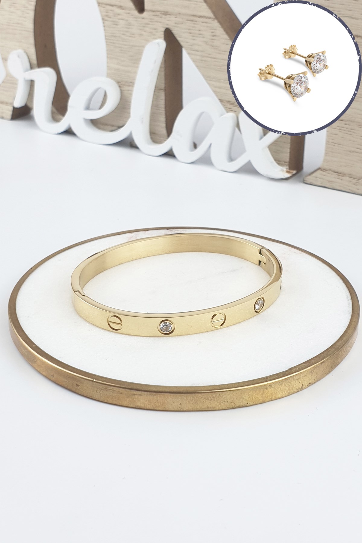 %100 Çelik Taşlı Kelepçe Bileklik (316 Steel) Zirkon Taşlı Küpe Hediyeli B500