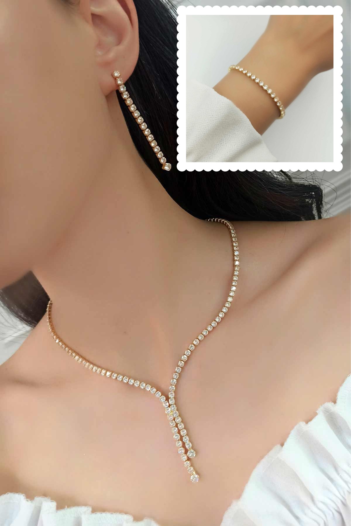 Abiye Set Zirkon Taşlı Suyolu Kolye Küpe Bileklik Takım TrKolye5650 A32003
