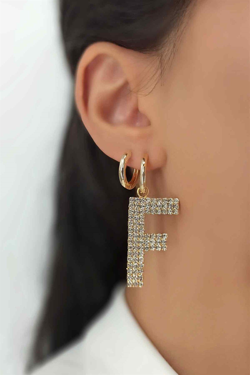 Büyük Taşlı Gold F Harf Küpe TaşlıKüpeF