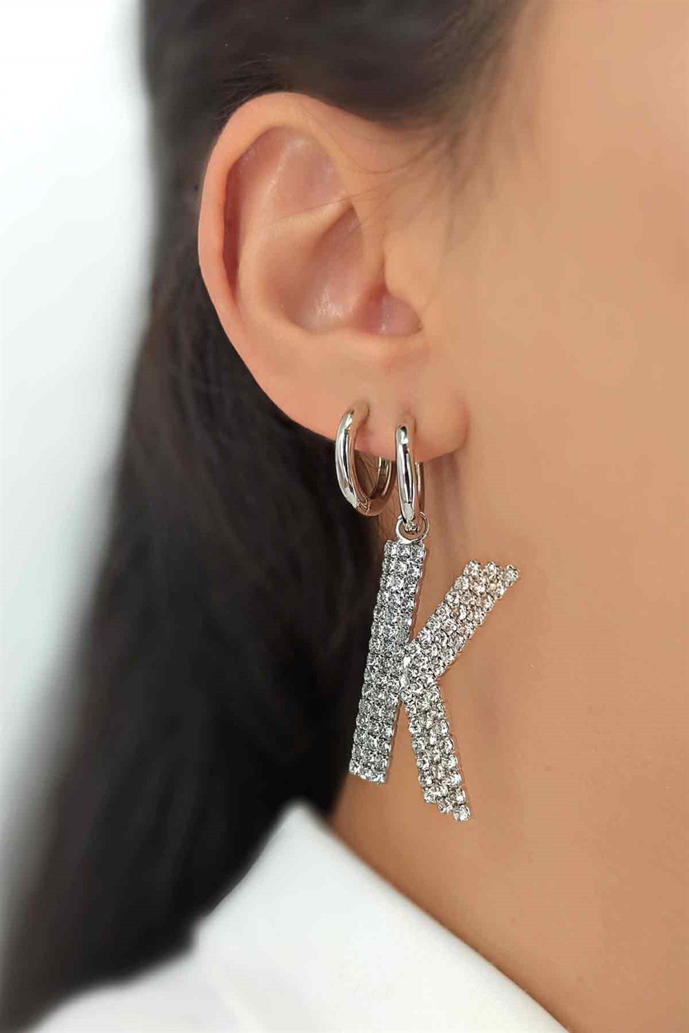 Büyük Taşlı Gümüş K Harf Küpe TaşlıKüpeK