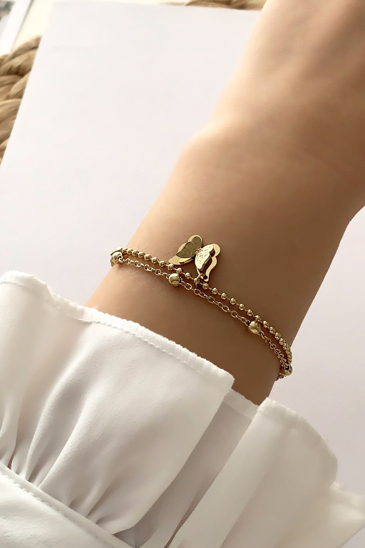 Çelik 2 li Topçuk Zincir Kelebek Bileklik TrBilek7549 B34503
