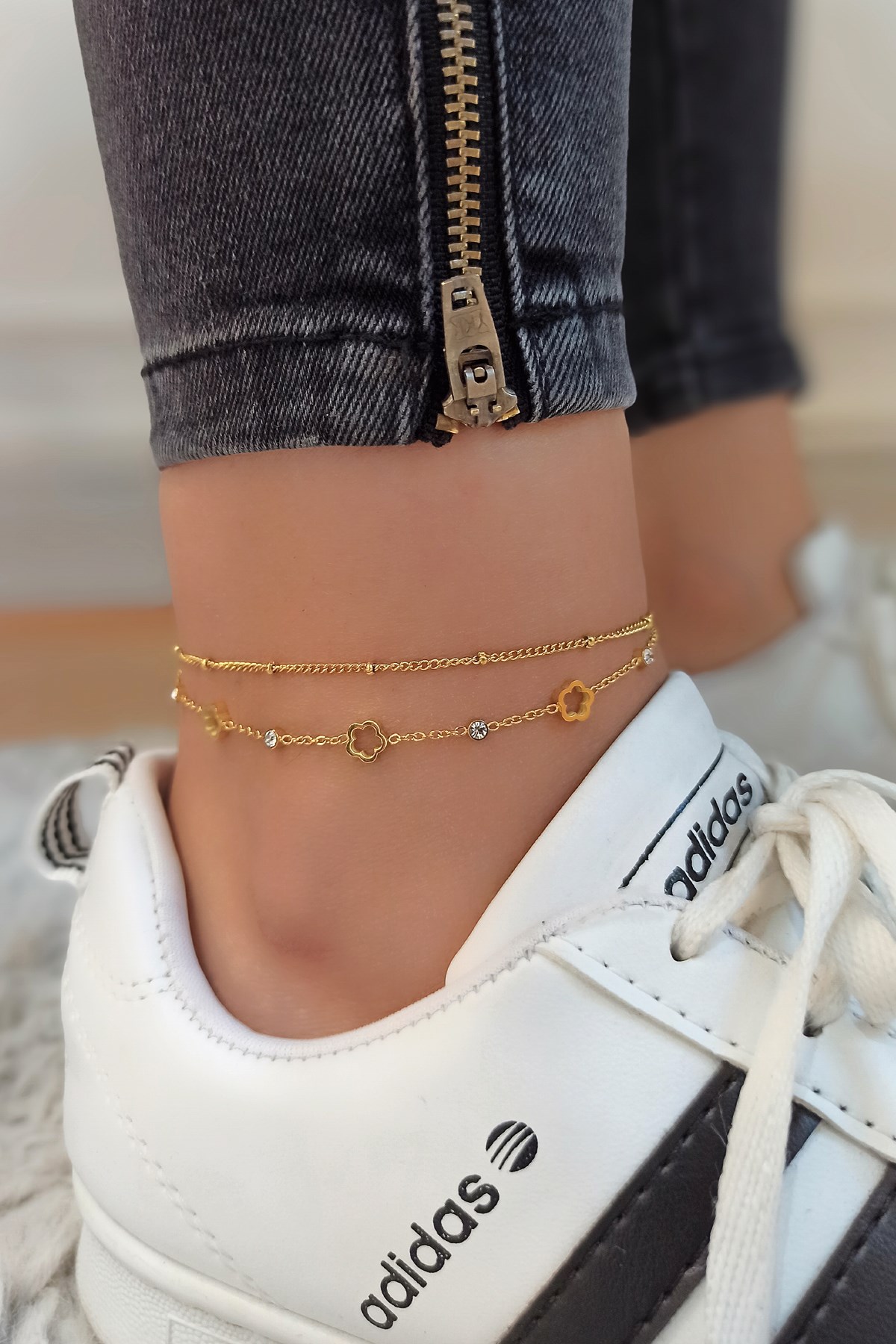 Çelik 2 li Zincir Taşlı Çiçek Figür Çelik Halhal TrHalhal4108 B35003