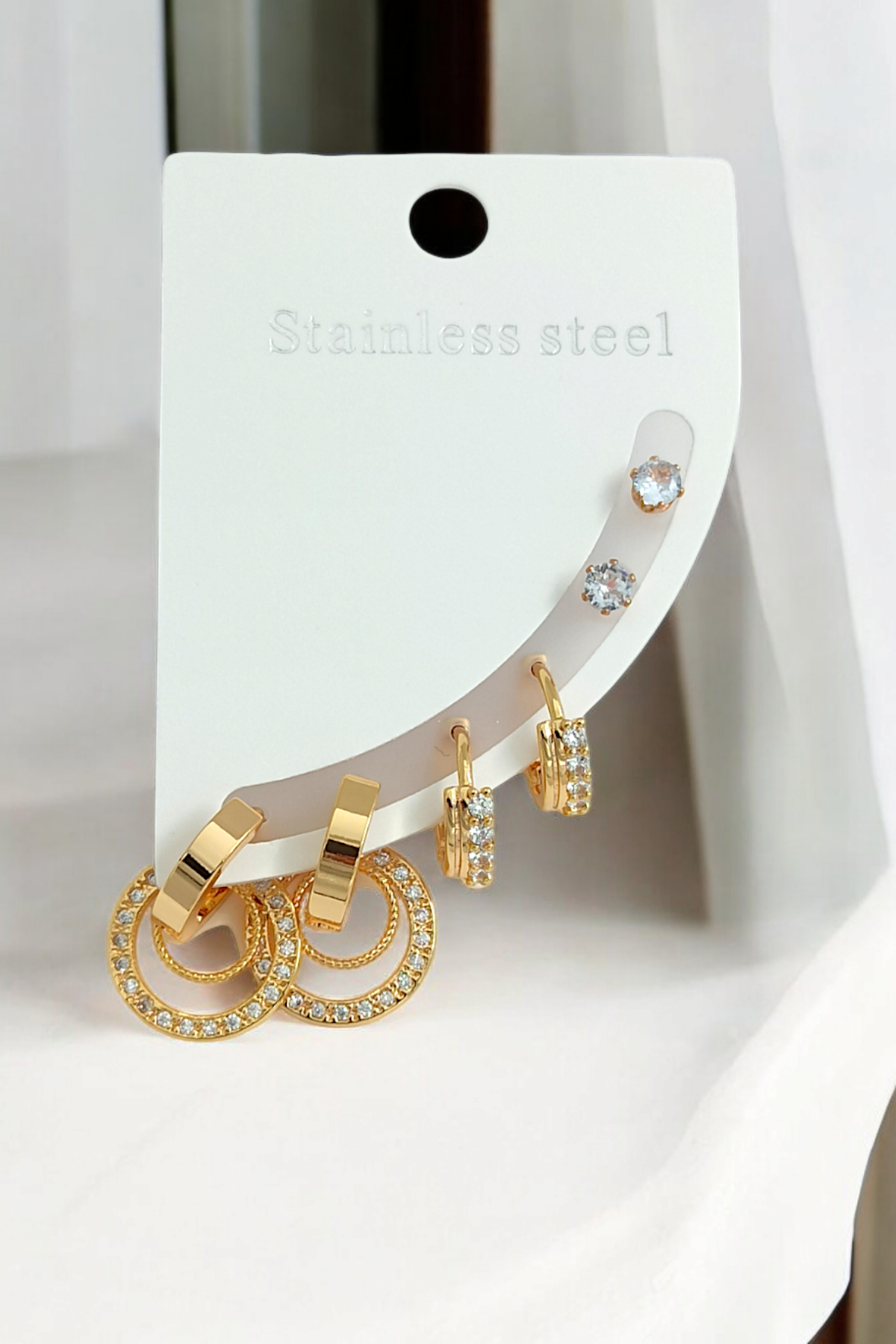 Çelik 6'lı Zirkon Taş Biyeli Halka Küpe Kombin 35655